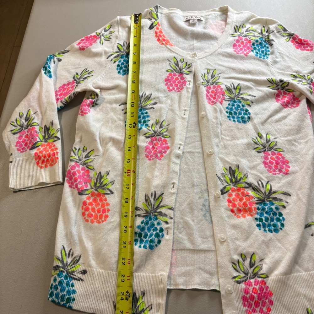 Merona Womens Pineapple Print Cardigan White Pink Blue Tropical Knit Sweater M - Picture 4 of 6